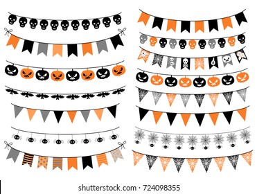 Vector set with Halloween buntings in orange, black and grey colors with pumpkins, spiders and skull for greeting cards, invitations and backgrounds