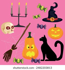 Vector set for Halloween. Candy candlesticks a cat and a witch's hat with a broom.