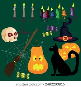 Vector set for Halloween. Candy candlesticks a cat and a witch's hat with a broom.