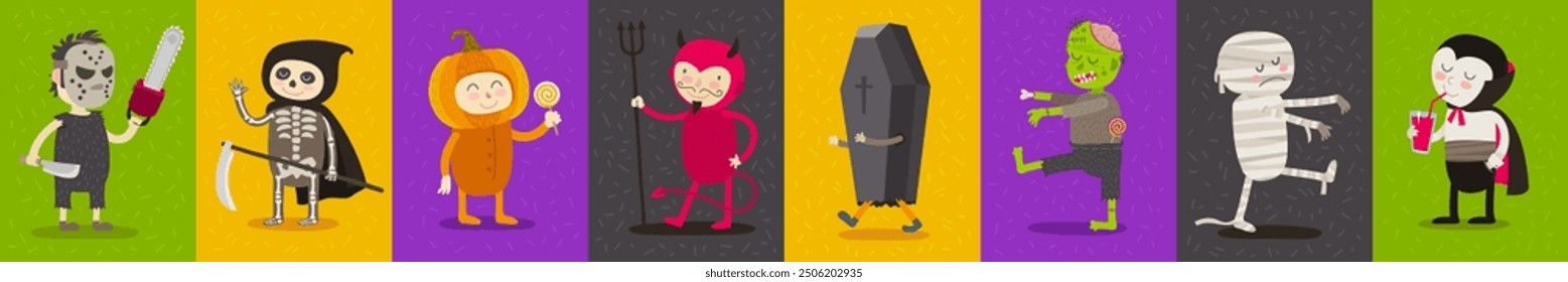 Vector set of Halloween cartoon characters. Banner with children in holiday costume.