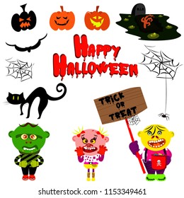 Vector set for Halloween in cartoon style. Illustration of characters and icons on white background. Kids in costumes, pumpkins and other traditional elements of Halloween.