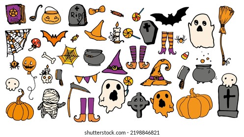 Vector set for Halloween in cartoon style in orange and purple colors. hand-drawn doodle ghost, candy, hat, bowler hats, cobwebs, spiders, gnome, pumpkin, bat, for a festive Halloween template