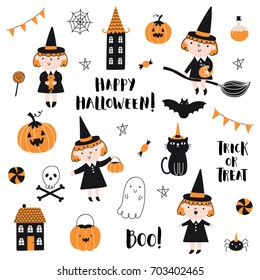 Vector set for Halloween in cartoon style. Witch, ghost, pumpkin, bat and other items on Halloween theme.