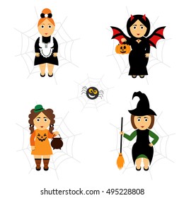 Vector set of Halloween in cartoon style.Girls in holiday costumes.
