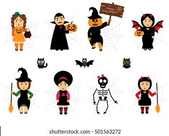 Vector set for Halloween in cartoon style.People in holiday costumes.Easy to edit an illustration of Halloween.