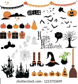 vector set of Halloween. Castle, a flock of bats, a witch on a broom, pumpkins, stars, clouds, the moon, a web, ghosts, tree.