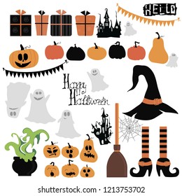 vector set of Halloween. Castle, a flock of bats, a witch on a broom, pumpkins, stars, clouds, the moon, a web, ghosts, tree.