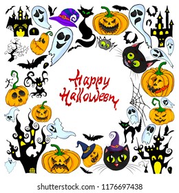 Vector set for Halloween: castles, cats, ghosts, graves, bats, pumpkins and crosses