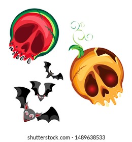 Vector set of halloween characters bat, watermelon skull and Pumpkin Jacks skull . On a transparent background