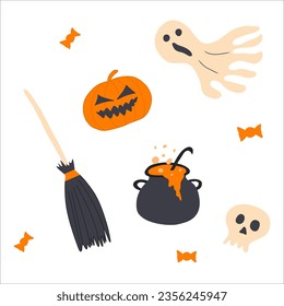 Vector set of Halloween characters in cartoon style. Halloween objects pumpkin, skull, ghost, potion, broom, candies