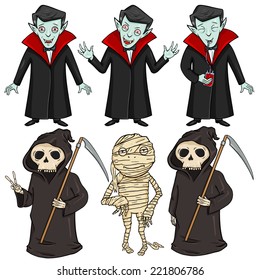 Vector Set of Halloween Characters - Vampire, Mummy and Death.