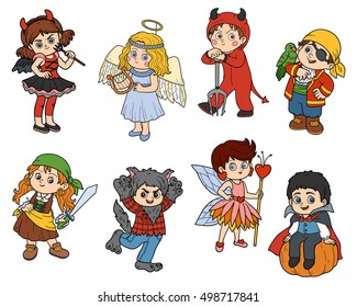 Vector set of Halloween children characters, color cartoon collection, colorful Stickers with children in carnival costumes