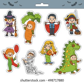 Vector set of Halloween children characters, color cartoon collection, colorful Stickers with children in carnival costumes