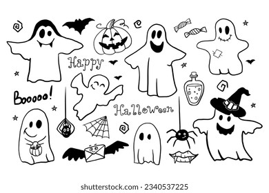 Vector set of halloween clipart in doodle style. Funny, cute illustration for design, decoration kids playroom, textile or greeting card.  Hand drawn illustration