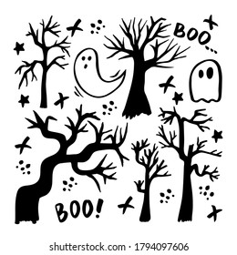 Vector set of halloween clipart. Funny, cute illustration for seasonal design, textile, decoration kids playroom or greeting card. Hand drawn prints and doodle.