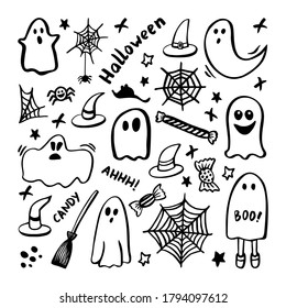 Premium Vector  Doodle black and white halloween set for cute design hand  draw funny cartoon elements for party