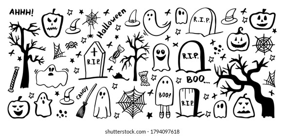 Vector set of halloween clipart. Funny, cute illustration for seasonal design, textile, decoration kids playroom or greeting card. Hand drawn prints and doodle.