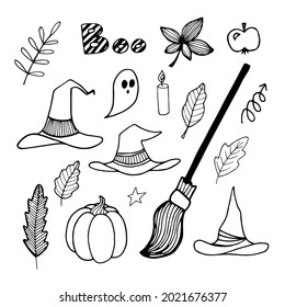 Vector set of Halloween clipart. Funny, cute illustration for seasonal design. Hand drawn prints and doodle.