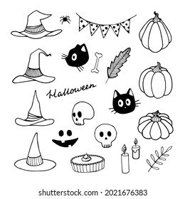 Vector set of Halloween clipart. Funny, cute illustration for seasonal design. Hand drawn prints and doodle.