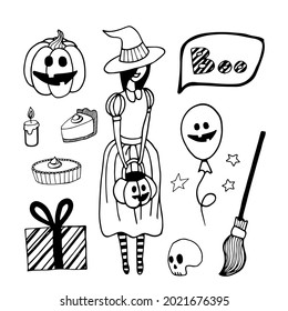 Vector set of Halloween clipart. Funny, cute illustration for seasonal design. Hand drawn prints and doodle.