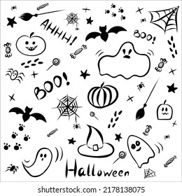 Conjunto de vectores de la clipart de halloween. Graciosa, linda ilustración para el diseño estacional, textil, decoración, sala de juegos para niños o tarjeta de saludo. Impresiones dibujadas a mano y garabatos.