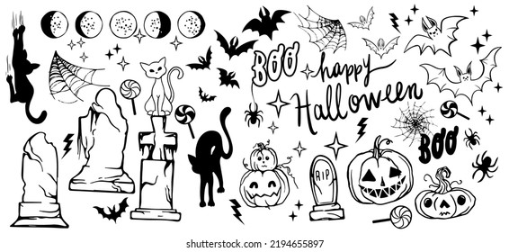 Conjunto de vectores del clípart de Halloween. Graciosa ilustración para diseño estacional, textil, decoración de sala de juegos para niños o tarjeta de saludo. Dibujado a mano. Halloween de fondo.