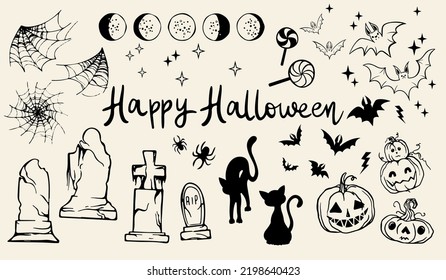 Vector set of Halloween clipart. Funny illustration for seasonal design, textile, kids playroom decoration or greeting card. Drawn by hand. Background Halloween.