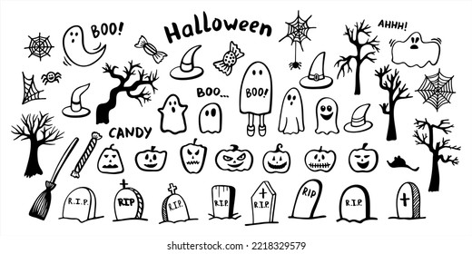 Vector set of Halloween clipart. Funny doodle illustrations for seasonal design