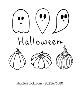 Conjunto de vectores de Halloween con fantasmas y calabazas. Graciosa, linda ilustración para el diseño estacional. Impresiones dibujadas a mano y garabatos.