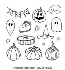 Conjunto de vectores de Halloween con fantasmas y calabazas. Graciosa, linda ilustración para el diseño estacional. Impresiones dibujadas a mano y garabatos.
