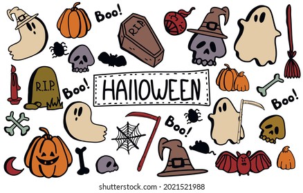 Vector set of halloween clipart.  hand drawn Doodle cartoon collection set of icon and symbols about the Halloween day. Funny, cute illustration for design, textile, decoration greeting card. 