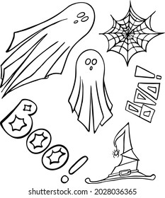 Conjunto de vectores de la clipart de halloween. Juego de halloween de dibujos a mano iconos de fantasmas, sombrero mágico y telaraña