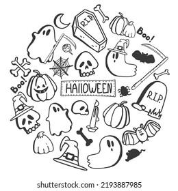 Vector set of halloween clipart.  hand drawn Doodle cartoon collection set of icon and symbols about the Halloween day. Funny, cute illustration for design, textile,  greeting card. 