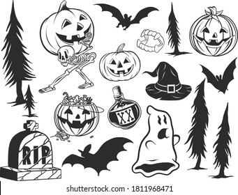 Vector set of halloween clipart.  Illustration for seasonal design, textile, decoration kids playroom or greeting card. Isolated sketch object. Flat vector illustration