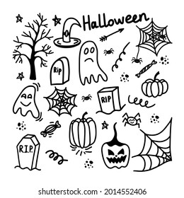 Vector set of halloween clipart isolated on white background. Funny, cute illustration for seasonal design, textile, decoration kids playroom or greeting card. Hand drawn prints and doodle.