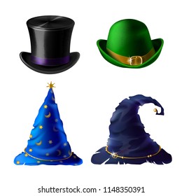 Vector set of Halloween clothing isolated on white background. Top hat for magician, bowler for Irish leprechaun. Blue cap for stargazer, headdress for witch. Traditional costumes for autumn holiday.