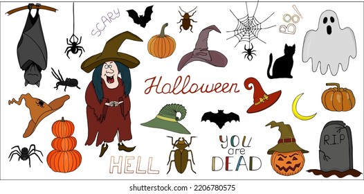 Vector set of Halloween colored doodle. Funny and scary Halloween illustrations for postcards, playrooms. Hand drawn Halloween icons.