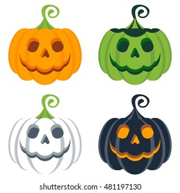 Vector set of halloween colored pumpkins. Halloween party poster. Halloween icon.  Design elements for advertising and promotion. Flat cartoon illustration. Objects isolated on white background.