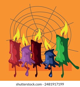 Vector set for Halloween. Colorful candles for the holiday and cobwebs.