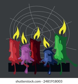 Vector set for Halloween. Colorful candles for the holiday and cobwebs.