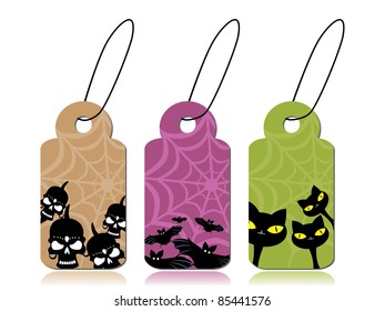 vector set of halloween concept tag with bat, skulls and cat background