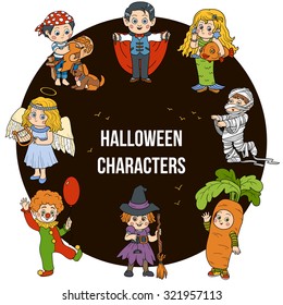 Vector set of Halloween cute characters, color cartoon collection, colorful Stickers with children in carnival costumes