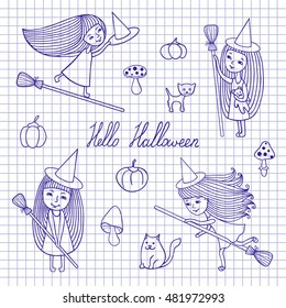 Vector set of Halloween. Cute characters and objects are hand-drawn. Girl in witch costume, cat, mushroom, pumpkin. Illustration on a notebook sheet.