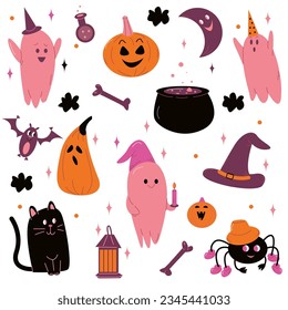 vector set for Halloween with cute ghosts, pumpkins, cat, bat, hat and other cute element in pink color