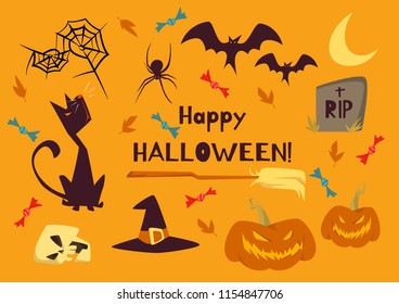 Vector Set of Halloween Cute Spooky Elements