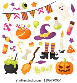 Vector set of Halloween design elements in cartoon style. Pumpkin, candies, ghost, witch’s cauldron and other traditional elements of Halloween.