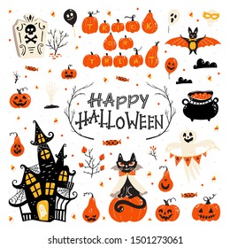 Vector set of Halloween design elements . Halloween cliparts with traditional symbols and handwritten lettering. Perfect for party invitation, greeting card, flyer, banner, poster.