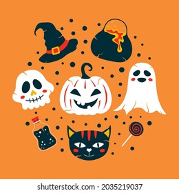 vector set of halloween design elements, halloween cliparts with traditional symbols, perfect for party invitation, greeting card, print, banner, poster
