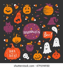 Vector set of Halloween design elements . Halloween stickers  with traditional symbols and handwritten lettering. Perfect for party invitation, greeting card, flyer, banner, poster.
