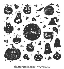 Vector set of Halloween design elements . Ghost, pumpkin, bat, hat, stars, cauldron, skull, candy and handwritten lettering. Perfect for party invitation, greeting card, flyer, banner, poster.